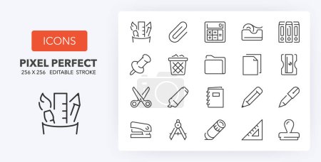 Set of thin line icons about stationery and back to school. Outline symbol collection. Editable vector stroke. 256x256 Pixel Perfect scalable to 128px, 64px...