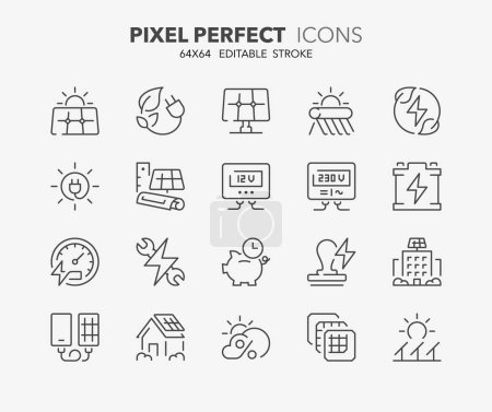 Ensemble d'icônes de ligne mince sur l'énergie solaire et les installations photovoltaïques. Course vectorielle modifiable. 64x64 Pixel Parfait.