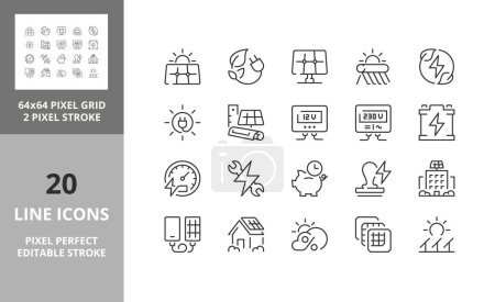 Solar energy and photovoltaic installations, thin line icon set. Outline symbol collection. Editable vector stroke. 64 and 256 Pixel Perfect scalable to 128px