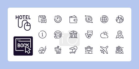 Illustration for Travel, tourism and destinations line icon set 2 of 2. Outline symbol collection. Editable vector stroke. 48 and 96 Pixel Perfect scalable to 192px, 384px... - Royalty Free Image