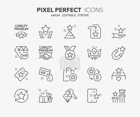Line icons about loyalty programs. Outline symbol collection. Editable vector stroke. 64x64 Pixel Perfect.