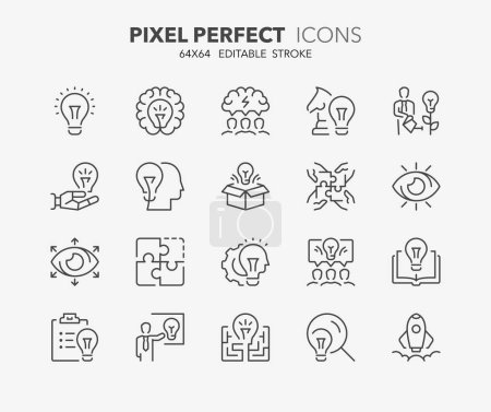 Zeilensymbole über kreative Ideen und Lösungen. Umrissene Symbolsammlung. Editierbarer Vektorschlag. 64x64 Pixel perfekt.