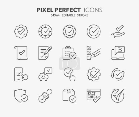 Zeilensymbole über Häkchen und Qualitätsprodukt. Umrissene Symbolsammlung. Editierbarer Vektorschlag. 64x64 Pixel perfekt.