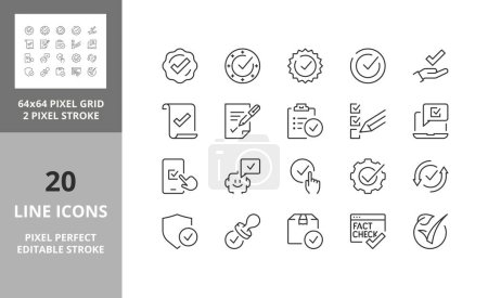 Line icons about checkmark and quality product. Editable vector stroke. 64 and 256 Pixel Perfect scalable to 128px...