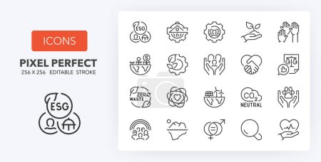 Illustration for Environmental Social Governance thin line icon set. Outline symbol collection. Editable vector stroke. 256x256 Pixel Perfect scalable to 128px, 64px... - Royalty Free Image