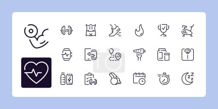 Illustration for Fitness, gym and health care line icon set 1 of 2. Outline symbol collection. Editable vector stroke. 48 and 96 Pixel Perfect scalable to 192px, 384px... - Royalty Free Image