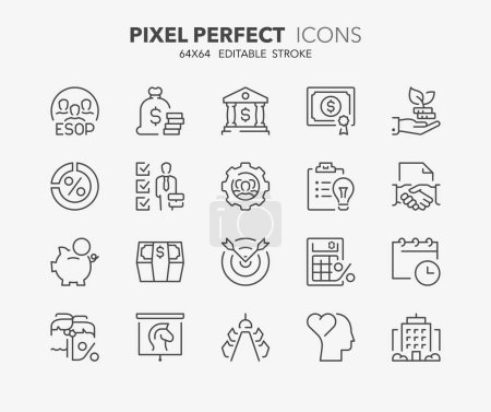 Illustration for Line icons about Employee Stock Ownership Plan, business concept. Outline symbol collection. Editable vector stroke. 64x64 Pixel Perfect. - Royalty Free Image