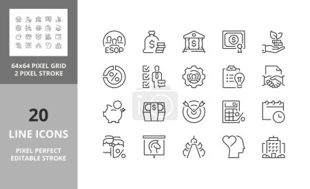 Illustration for Line icons about Employee Stock Ownership Plan, business concept. Editable vector stroke. 64 and 256 Pixel Perfect scalable to 128px... - Royalty Free Image