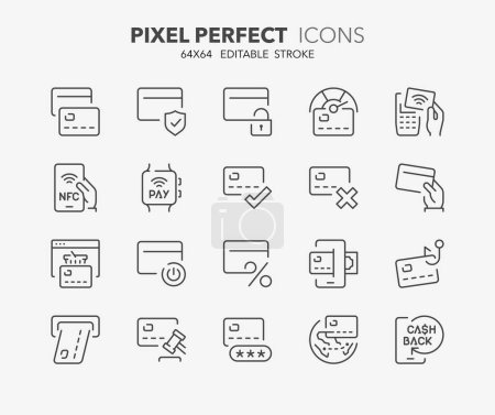 Illustration for Line icons about credit cards Outline symbol collection. Editable vector stroke. 64x64 Pixel Perfect. - Royalty Free Image