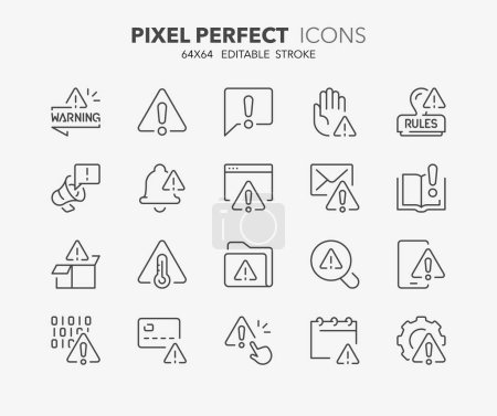 Line icons about warning and exclamations marks. Outline symbol collection. Editable vector stroke. 64x64 Pixel Perfect.
