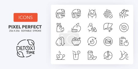 Illustration for Detox and cleanse, thin line icon set. Outline symbol collection. Editable vector stroke. 256x256 Pixel Perfect scalable to 128px, 64px... - Royalty Free Image