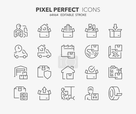 Line icons about moving services. Outline symbol collection. Editable vector stroke. 64x64 Pixel Perfect.