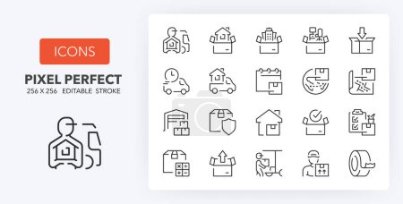 Illustration for Moving services, thin line icon set. Outline symbol collection. Editable vector stroke. 256x256 Pixel Perfect scalable to 128px, 64px... - Royalty Free Image