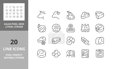 Line icons about cow and veal meats products. Editable vector stroke. 64 and 256 Pixel Perfect scalable to 128px...