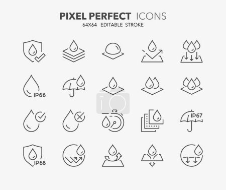 Ligne icônes sur les tissus imperméables et les tissus absorbants. Aperçu de la collection de symboles. Course vectorielle modifiable. 64x64 Pixel Parfait.