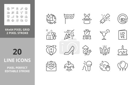 Illustration for Line icons about party. Editable vector stroke. 64 and 256 Pixel Perfect scalable to 128px... - Royalty Free Image