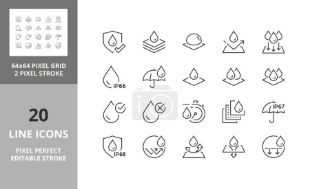 Illustration for Line icons about waterproof fabrics and absorbent fabrics. Editable vector stroke. 64 and 256 Pixel Perfect scalable to 128px... - Royalty Free Image