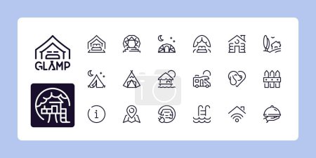 Illustration for Glamping and camping, line icon set. Outline symbol collection. Editable vector stroke. 48 and 96 Pixel Perfect scalable to 192px, 384px... - Royalty Free Image