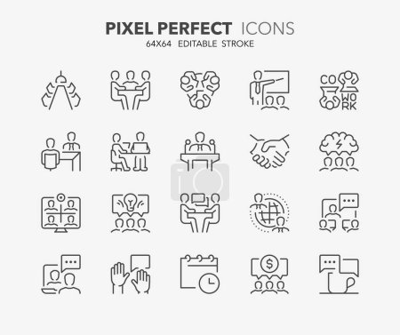 Icônes de ligne sur la réunion. Aperçu de la collection de symboles. Course vectorielle modifiable. 64x64 Pixel Parfait.