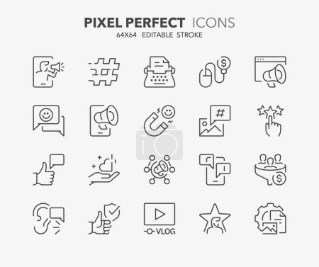 Icônes de ligne sur les influenceurs et le marketing des médias sociaux. Aperçu de la collection de symboles. Course vectorielle modifiable. 64x64 Pixel Parfait.