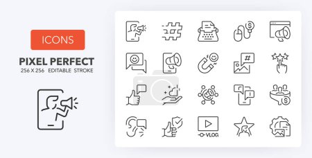 Illustration for Influencers and social media marketing, thin line icon set. Outline symbol collection. Editable vector stroke. 256x256 Pixel Perfect scalable to 128px, 64px... - Royalty Free Image