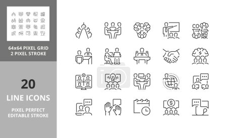 Line icons about meeting. Editable vector stroke. 64 and 256 Pixel Perfect scalable to 128px...