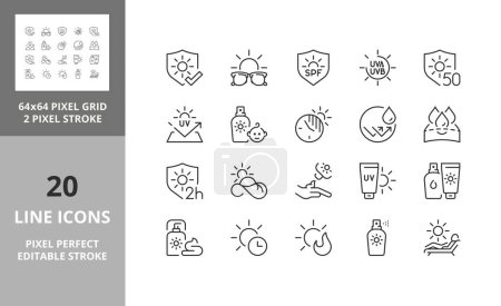 Line icons about sun protection. Editable vector stroke. 64 and 256 Pixel Perfect scalable to 128px...