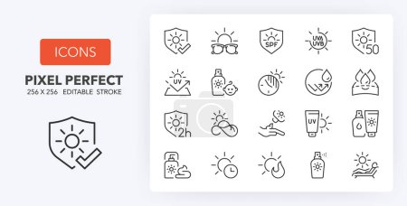 Illustration for Sun protection. Outline symbol collection. Editable vector stroke. 256x256 Pixel Perfect scalable to 128px, 64px... - Royalty Free Image