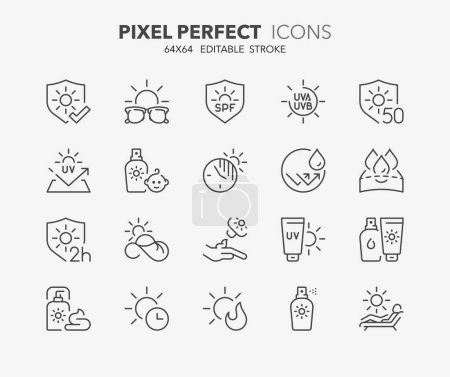 Illustration for Line icons about sun protection. Outline symbol collection. Editable vector stroke. 64x64 Pixel Perfect. - Royalty Free Image