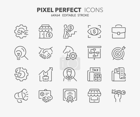 Icônes de ligne sur le concept de PME, les petites et moyennes entreprises. Aperçu de la collection de symboles. Course vectorielle modifiable. 64x64 Pixel Parfait.
