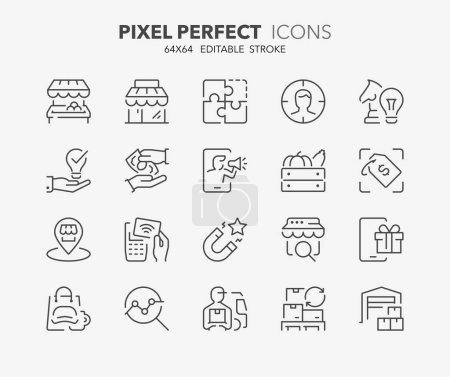 Icônes de ligne sur le commerce de détail Aperçu collection de symboles. Course vectorielle modifiable. 64x64 Pixel Parfait.