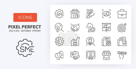 SME concept, small and medium sized enterprises. Outline symbol collection. Editable vector stroke. 256x256 Pixel Perfect scalable to 128px, 64px...