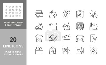 Illustration for Supermarket departments and services, thin line icon set 3 of 3. Outline symbol collection. Editable vector stroke. 64 and 256 Pixel Perfect scalable to 128px - Royalty Free Image