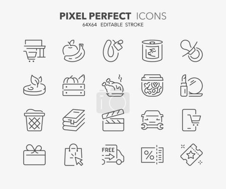 Ikonen über Supermarktabteilungen und Dienstleistungen. Umrissene Symbolsammlung. Editierbarer Vektorschlag. 64x64 Pixel perfekt. 3 von 3 Sets.