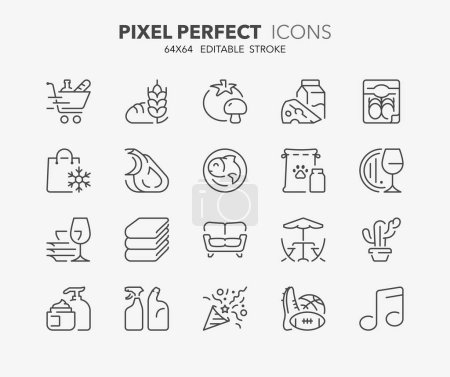 Icônes sur les départements et les services de supermarchés. Aperçu de la collection de symboles. Course vectorielle modifiable. 64x64 Pixel Parfait. 2 de 3 ensembles.