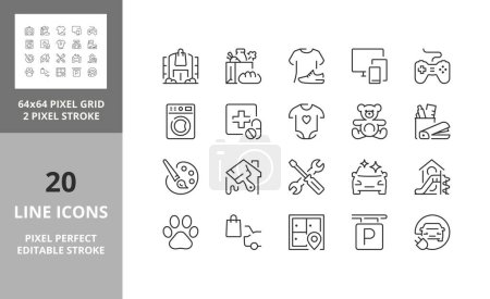 Supermarché départements et services, ligne mince icône ensemble 1 de 3. Aperçu de la collection de symboles. Course vectorielle modifiable. 64 et 256 Pixel Adaptable à 128px