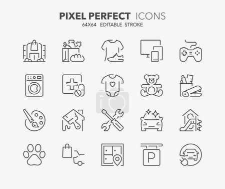 Iconos sobre departamentos y servicios de supermercados. Esquema de la colección de símbolos. Carrera vectorial editable. 64x64 Pixel Perfect. 1 de 3 juegos.