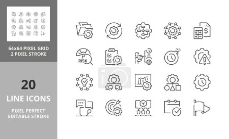 Line icons set about project management. Contains such icons as workflow, task, to do list, timeline and deadline. Editable vector stroke. 64 and 256 Pixel Perfect scalable to 128px...