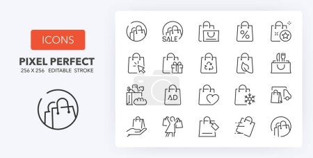 Line icons set about shopping bags. Contains such icons as sale, eco, click and collect, grocery and more. Editable vector stroke. 256x256 Pixel Perfect scalable to 128px, 64px...