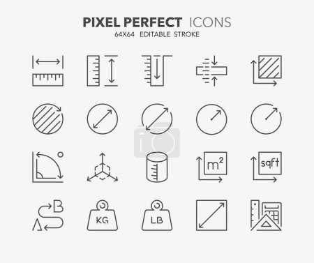 Line icons about length, weight and volume. Contains such icons as ruler, m2, area and more. Editable vector stroke 64x64 pixel perfect