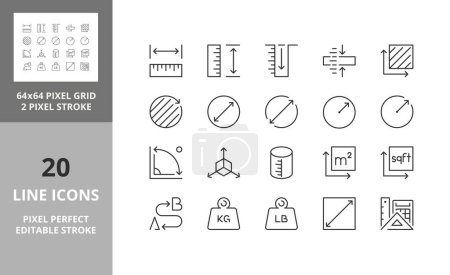Illustration for Line icons about length, weight and volume. Contains such icons as ruler, m2, area and more. Editable vector stroke. 64 and 256 Pixel Perfect scalable to 128px... - Royalty Free Image