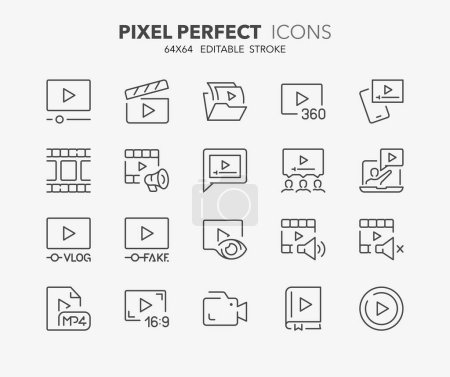 Line icons about video. Contains such icons as video lesson, aspect ratio, viral and more. Editable vector stroke 2 of 2 sets. 64x64 pixel perfect