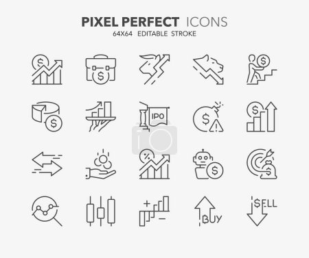 Line icons about stock markets. Contains such icons as high frequency trading, volatility, technical analysis and more. Editable vector stroke 64x64 pixel perfect