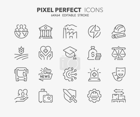 Line icons about society sectors. Contains such icons as industry, public sectors, trade and more. Editable vector stroke 64x64 pixel perfect