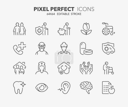 Zeilensymbole über ältere Menschen. Enthält Symbole wie Pflegeheim, Versicherungen, medizinische Hilfe und mehr. Editierbarer Vektorschlag. 64x64 Pixel perfekt
