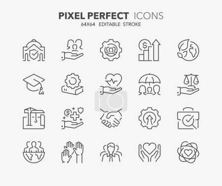 Line icons about social policies. Contains such icons as social services, legislative development, administration transparency and more. Editable vector stroke. 64x64 pixel perfect