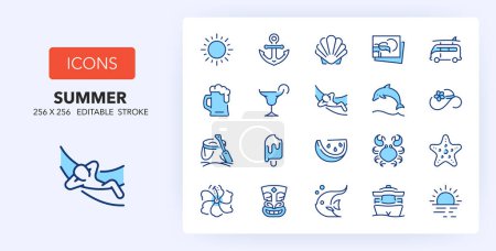 Line icons about beach activities and summer. Contains such icons as beach, surf, tropical island and more. 256x256 Pixel Perfect editable in two colors
