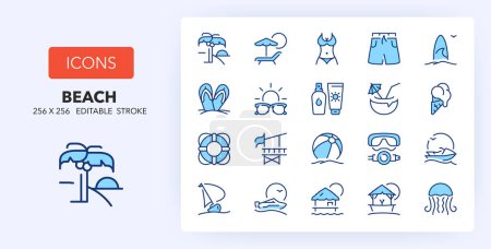 Iconos de línea sobre actividades de playa y verano. Contiene iconos como playa, surf, isla tropical y más. 256x256 Pixel Perfecto editable en dos colores