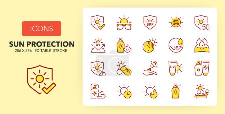 Icônes de ligne sur les protections solaires. Contient des icônes telles que crème solaire, lunettes de soleil, imperméable à l'eau et plus encore. 256x256 Pixel Parfait modifiable en deux couleurs