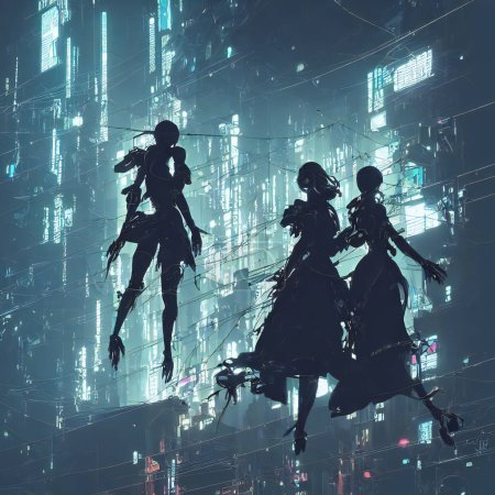 Cyber Female Entities Floating In Front Of Cyberpunk City, Illustration